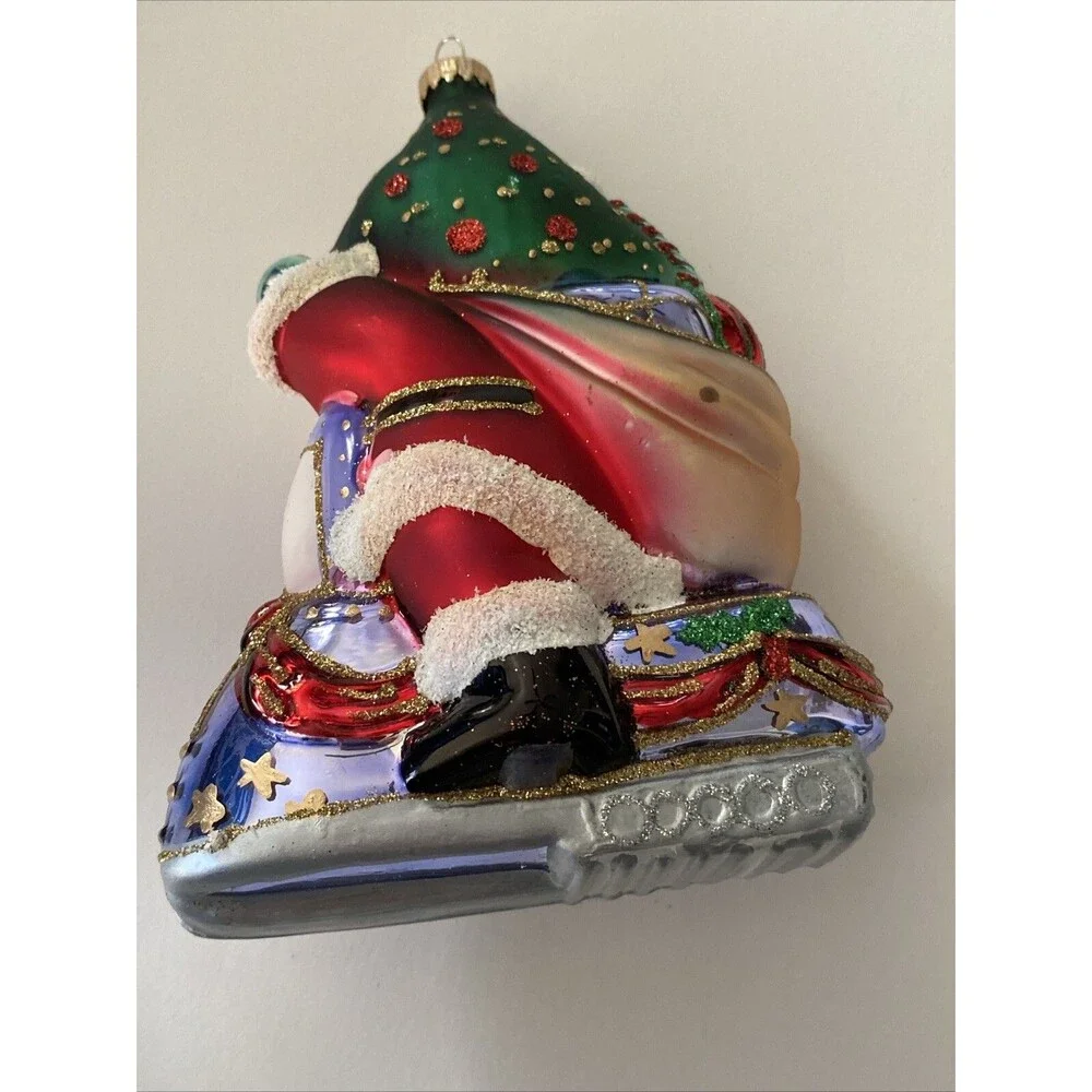 KREBS Lauscha Glas Santa On Snowmobile With Cat Christmas Ornament Original Box